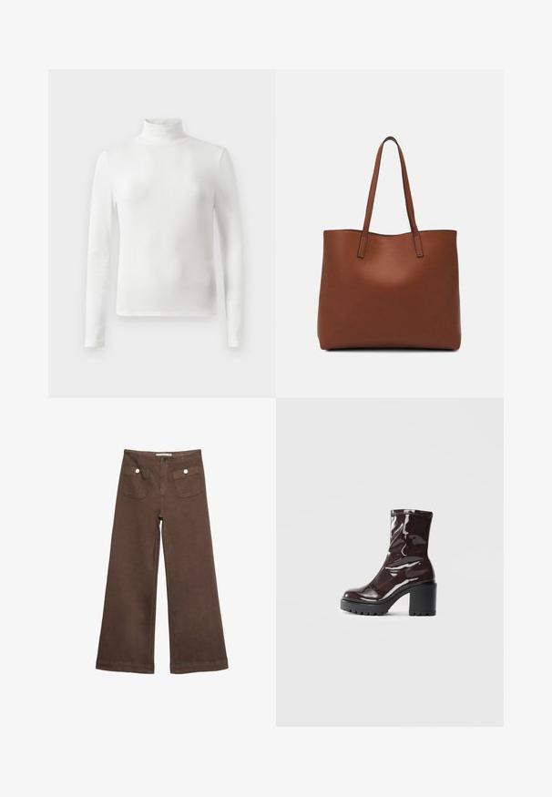 Bela turtleneck majica z dolgimi rokavi, narejena iz rebraste tkanine, z oprijetim krojem in minimalističnim dizajnom. Brez vidnih vzorcev ali akcentov.; Svetlo rjave široke hlače iz bombaža, ki vključujejo dva sprednja žepa s srebrnimi gumbi in gladko teksturo.; Sijajan škrlatank z bleščečim videzom, z masivnim črnim peto, ki se ponaša z gladko teksturo in preprostim dizajnom. Brez vidnih zapenjal ali vzorcev.; Rjava usnjena torba z gladko teksturo, odprto zasnovo zgoraj in dvema naramnima trakovoma. Opremljena je z minimalnim šivanjem in brez vidnih kovinskih delov.