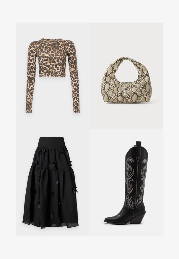 Majica s dolgimi rokavi skrajšane dolžine v leopardjem potisku, s temno rjavo in bež barvno shemo, gladko teksturo in prilegnjenim krojem.; Sister Jane BIRDIE BOW MIDI SKIRT - Krilo A-kroja - black; Črne usnjene kavbojske čevlje s koničastimi prsti, klinastimi petami in srebrnimi vezeninami cvetnega vzorca po vsej dolžini. Kontrastno šivanje povsod.; Torba z vzorom kače s ukrivljenim ročajem. Narejena iz teksturiranih, bež in rjavih materialov, ki imajo značilen diamante vzorec.