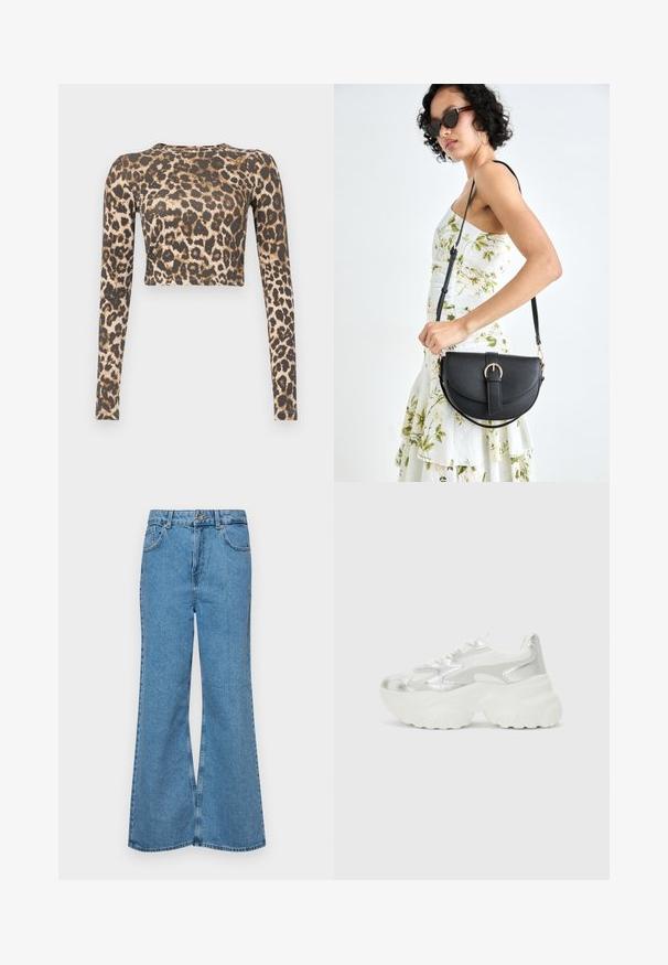Top corto de mangas largas con estampado de leopardo, que presenta una combinación de colores marrón oscuro y beige, con una textura suave y una silueta ajustada.; Jeans acampanados de color azul claro hechos de denim, con una cintura alta, cinco bolsillos y un cierre de botón. Textura suave con acabado desgastado.; Zapatilla de plata con una parte superior de malla texturizada y acentos iridiscentes, que cuenta con una suela blanca gruesa y cierre de cordones.; Bolso de piel negra con forma curva, correa desmontable y herrajes dorados. El bolso cuenta con una solapa con un detalle de hebilla.