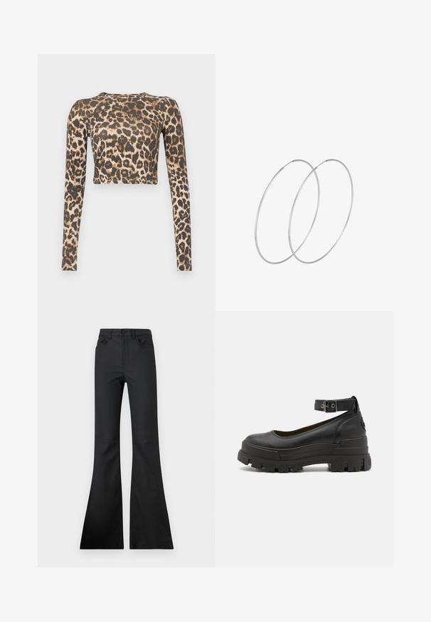Dugi rukav, skraćeni top u uzorku tigrove kože, s tamnosmešnim i bež tonovima, glatke teksture i prilagođenog silueta.; Crne traperice s raširenim nogavicama i srednjim strukom, izrađene od glatkog materijala. Imaju pet džepova i vidljive detalje šivanja.; Buffalo ASPHA - Cipele na petu s platformom - black; Srebrne okrugle naušnice s minimalističkim dizajnom. Kružni oblik, glatka tekstura i tanak profil. Lagane s poliranim završetkom.