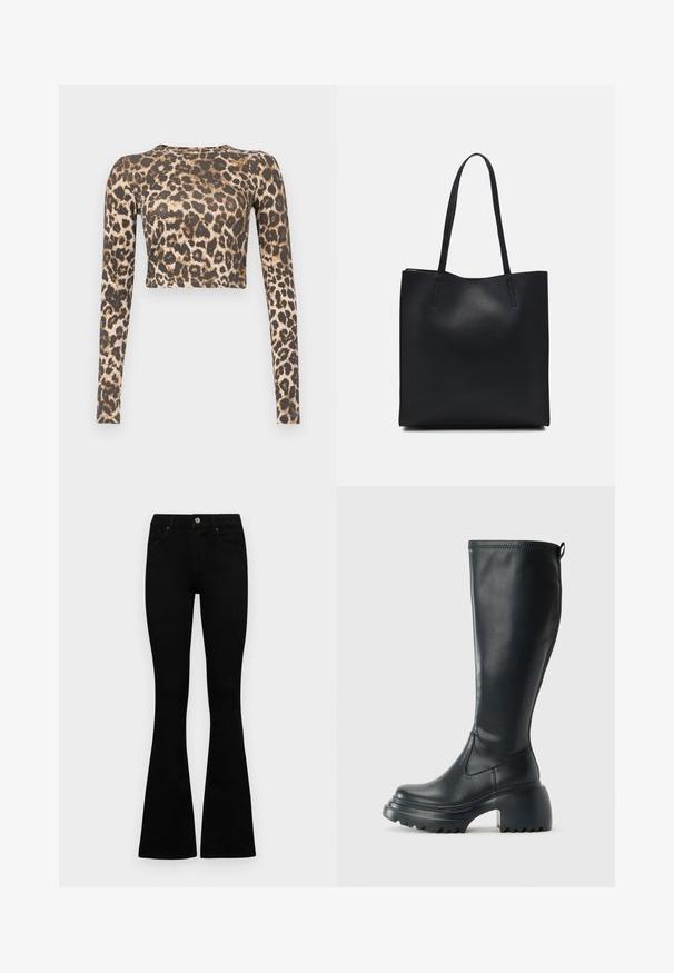 Ilgi piedurkņu īsa blūze leopardu rakstā, ar tumši brūnu un bēšu krāsu shēmu, gludu tekstūru un pieguļošu siluetu.; Melni augsta jostas šorti ar pogu un rāvējslēdzēju, priekšējām kabatām un izplestām kājām, nolikti uz balta fona.; Augstas melnas ādas zābakus ar masīvu platformu un bloka papēdi, ar vilkšanas cilpu un strukturētu profilu uz ārējā zoles.; Melnas ādas somiņa ar gludu tekstūru, taisnstūra formu un divām garām rokturiem. Nav redzamu aparatūras vai rotājumu.