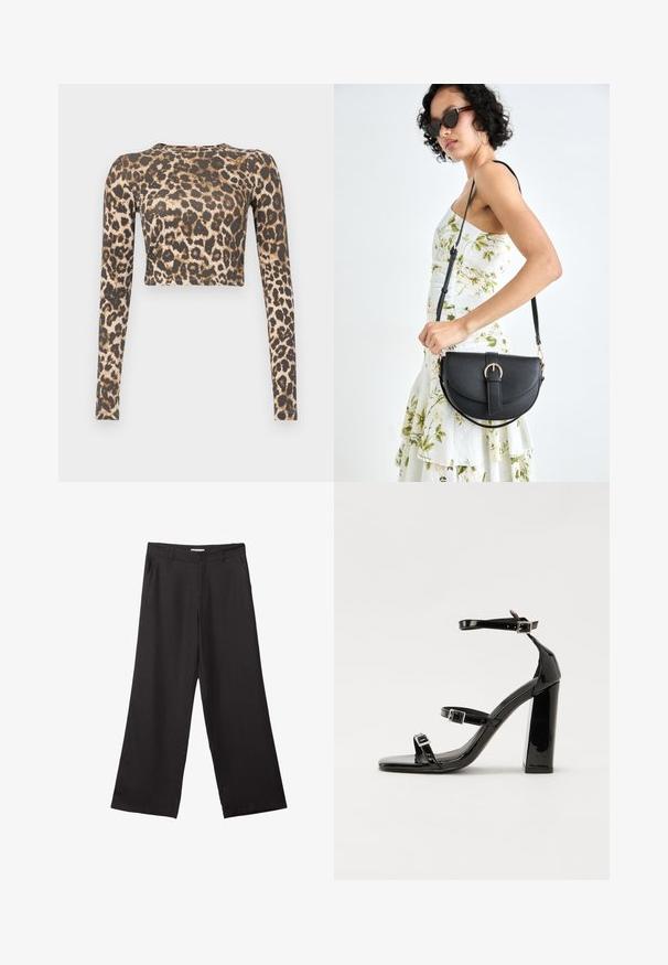 Langärmliges Cropped-Top im Leopardenmuster, das ein dunkles Braun- und Beigefarbschema mit einer glatten Textur und einer figurbetonten Silhouette aufweist.; Schwarze weite Hosen aus glattem Stoff, mit einem Reißverschluss vorne und zwei seitlichen Taschen, maßgeschneiderter Passform und minimalistischem Design.; Schwarze patentierte Sandalen mit Absatz, quadratischer Spitze, Knöchelriemen und silbernen Schnallen. Mit einem stabilen Blockabsatz für mehr Stabilität.; Schwarze Lederhandtasche mit geschwungener Form, abnehmbarem Tragegurt und goldenen Beschlägen. Die Tasche verfügt über einen Deckel mit einer Schnallen-Details.