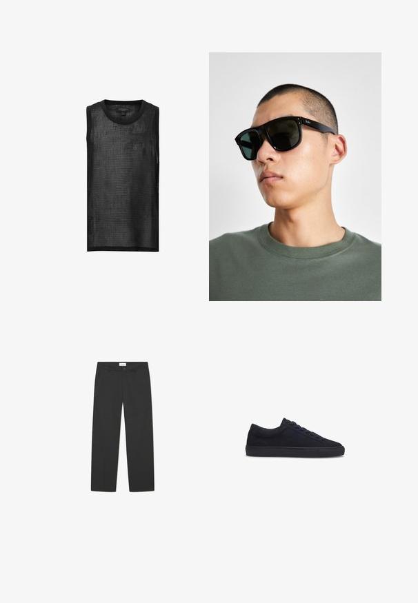 Črn brezrokaven mrežasti zgornji del s karirastim vzorcem, okroglo izrezan vrat in surove robove. Lahkotna in zračna tkanina s sproščenim krojem.; Črne hlače iz lahkega materiala. Imajo ravno nogavico, ravno sprednjo stran, stranske žepe in diskretno pasovi.; Les Deux TEDDY - Športni copati - dark navy; Črne pravokotne sončna očala s temnimi lečami, ki imajo značilno obliko in blagovno znamko na ročaju. Nosijo jih oseba v zeleni majici.