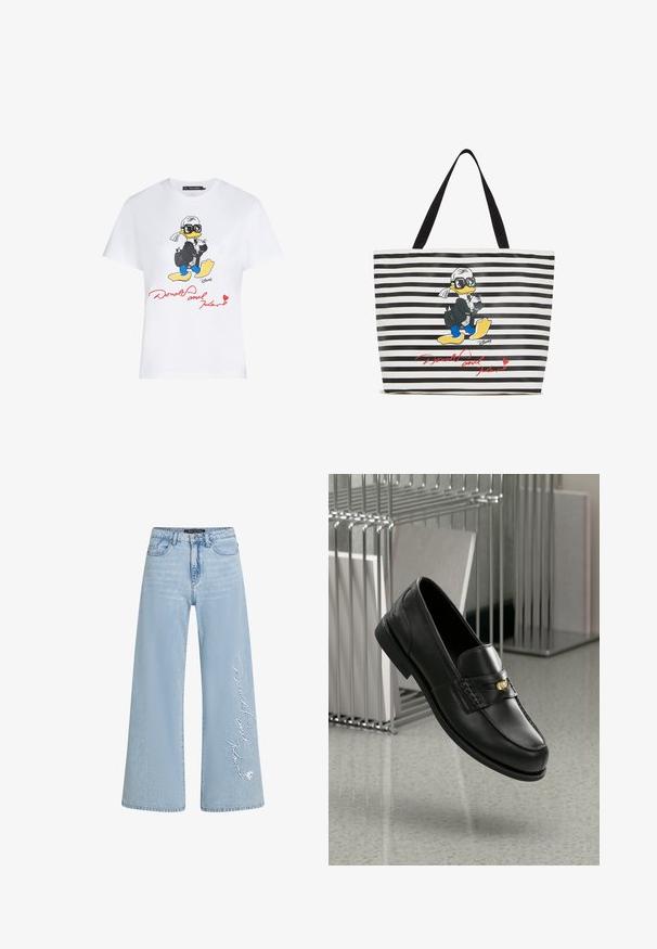 Biała koszulka bawełniana z kolorową ilustracją kreskówkowego kaczora w garniturze w okularach przeciwsłonecznych oraz czerwonym napisem "Donald i Karl."; Jasnoniebieskie dżinsy w szerokim kroju z denimu z wyhaftowanym tekstem "Donald i Daisy" na lewym nogawce. Posiadają klasyczny pięciopocketowy fason i szlufki na pasek.; Czarne skórzane mokasyny o gładkim wykończeniu, z ozdobnym paskiem i małym złotym akcentem. Podeszwa jest płaska, a czubek zaokrąglony.; Torba na ramię w czarno-białe paski, grafika kreskówkowej kaczki w czarnym garniturze i okularach przeciwsłonecznych, z podpisem w czerwonym kolorze.