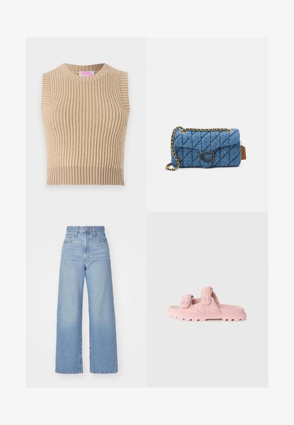 Beige ribbelgebreide tanktop met een ronde hals en zonder mouwen. Heeft een gestructureerd patroon en een neutraal kleurenpalet.; Lichtblauwe high-waist wijde jeans met een knoop- en ritssluiting aan de voorkant, voor- en achterzakken, op een witte achtergrond.; Roze slide sandalen met dubbele verstelbare klittenbandsluitingen, een textuurstof bovenwerk en een robuuste, dikke zool met diepe noppen.; Blauwe gewatteerde denim schoudertas met een gouden kettingstrap en een opvallend gouden logo accent op de voorkant. Compact rechthoekig van vorm.