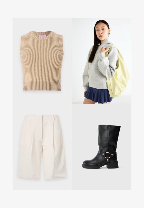 Beige ribbed knit tank top with a round neckline and sleeveless design. Features a textured pattern and a neutral color palette.; White linen shorts with a tailored design, pleated front, and wide leg openings. Smooth texture and mid-thigh length.; Black mid-calf leather boot with chunky heel and decorative strap featuring a gold circular buckle on a white background.; Gray oversized hoodie with a kangaroo pocket, paired with a navy flared skirt. Accessory: large light yellow backpack, smooth texture.