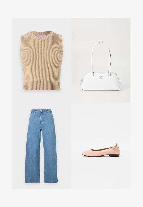 Beige ribota trikotāža bez piedurknēm ar apaļu izgriezumu. Iezīmējas ar teksturētu rakstu un neitrālu krāsu paleti.; Gai zili džinsi ar platajām kājām, izgatavoti no denima, ar augsto vidukli, taisnu griezumu un kontrastējošiem šuvēm.; Bālā rozā krāsā baleta kurpes, kas izgatavotas no gludas materiāla, ar noapaļotu purngalu, elastīgu aizmuguri un mazu melnu papēdi.; Baltā ādas rokassoma ar izliekta formu, kas aprīkota ar sudraba trīsstūrveida logotipu un rāvējslēdzēju. Gluda tekstūra un divi rokturi.