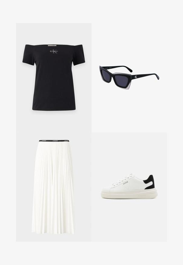 Zwarte off-the-shoulder t-shirt van katoen met korte mouwen. Voorzien van een klein, grijs Calvin Klein-logo aan de voorkant.; Plisséminirok in het wit met een zwarte elastische tailleband met het "LACOSTE"-logo. Middellange ontwerp met een zachte textuur.; Witte leren sneakers met een dikke witte zool, zwarte suède hielaccent en een geperst logo op de zijkant. Vetersluiting met zes oogjes.; Zwarte oversized zonnebril met een geometrische vorm, voorzien van donkere glazen en een contrasterend grijs detail op het montuur. Logo op de arm.