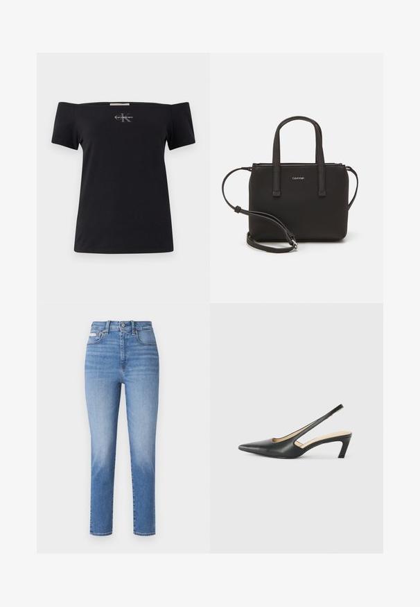 Schwarzes, schulterfreies T-Shirt aus Baumwolle mit kurzen Ärmeln. Auf der Vorderseite befindet sich ein kleines, graues Calvin Klein-Logo.; Helle blaue Denim-Jeans mit hoher Taille, geraden Beinen und dezenten Ausbleichungen. Verfügt über Gürtelschlaufen, fünf Taschen und einen Metallknopfverschluss.; Schwarzer spitz zulaufender Slingback-Schuh mit niedrigem Absatz, der aus glattem Leder gefertigt ist und seitliche Ausschnitte für Atmungsaktivität aufweist.; Schwarze Handtasche mit zwei kurzen, doppelt geflochtenen Griffen und einem abnehmbaren Schulterriemen. Glattes, lederähnliches Material mit einem Reißverschluss und Logodetail.