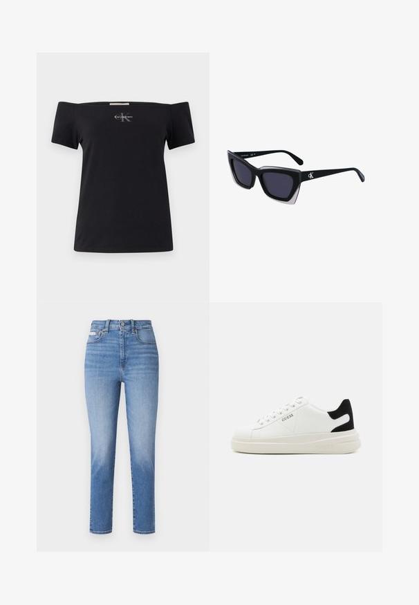 Svart off-shoulder t-shirt i bomull med korta ärmar. Har en liten grå Calvin Klein-logotyp på framsidan.; Ljusblå denimjeans med hög midja, raka ben och subtila blekningar. Har bältesöglor, fem fickor och metallknäppning.; Vita lädersneakers med en tjock vit sula, svartsuede hälaccent och präglad logotyp på sidan. Snörningsdesign med sex öglor.; Svart överdimensionerade solglasögon med geometrisk form, med mörka linser och en kontrasterande grå detalj på ramen. Logotyp på bygeln.