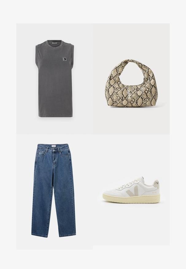 Grå ermene t-skjorte laget av bomullsblandingsstoff. Har rund hals og en liten logo-lapp på venstre brystområde.; Klassiske blå denimjeans med rett ben-design, fem lommer og knappelukking. Har en middels vask og solid tekstur.; Hvite lær sneakers med beige semsket detaljer, perforert tåboks, flate lisser og en teksturert kremfarget såle. Har subtil branding på hælen.; Veske med slangeskinnmønster og krummet håndtak. Laget av teksturerte, beige og brune materialer, med et særegent diamantmønster.