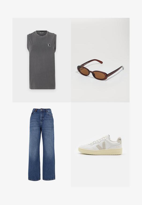 Camiseta sin mangas gris hecha de una mezcla de algodón. Presenta un cuello redondo y un pequeño parche con el logo en la zona izquierda del pecho.; Pantalones vaqueros de pierna ancha hechos de tejido de algodón azul de peso medio. Presentan un diseño clásico de cinco bolsillos y una cremallera con cierre de botón.; Zapatilla de piel blanca con acentos de ante beige, caja de puntera perforada, cordones planos y suela texturizada en color crema. Cuenta con un branding sutil en el talón.; Gafas de sol redondas con tinte marrón y un marco burdeos brillante. Patillas delgadas con un sutil detalle de marca. Diseño de lentes planos.