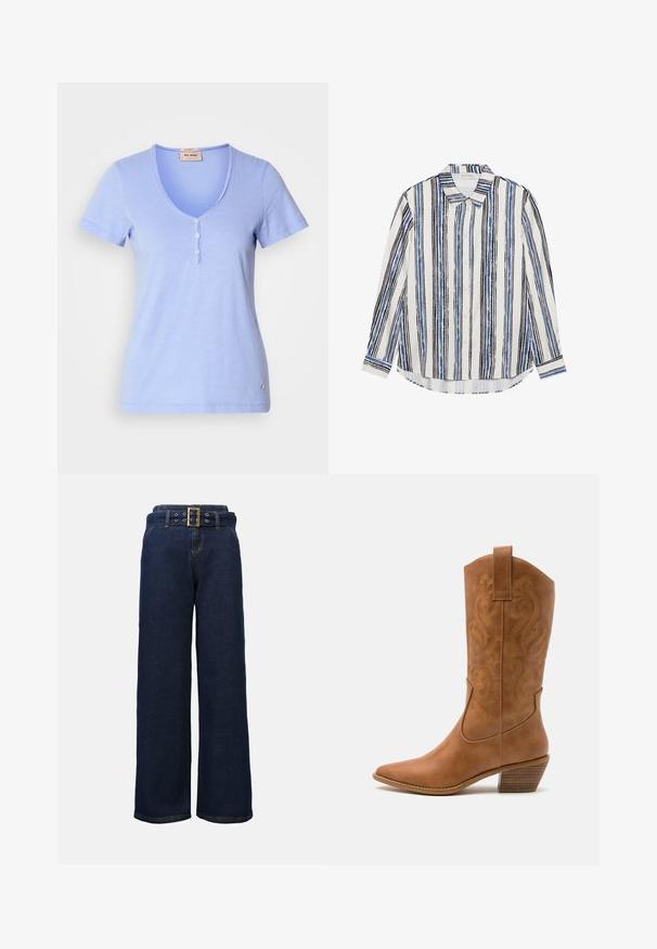 Svetlo modré tričko s krátkym rukávom, ktoré má výstrih do V so zapínaním na päť gombíkov a jemnú textúru látky. Malá logo akcentácia na leme.; Košeľa na gombíky s vertikálnymi pruhmi v odtieňoch modrej, čiernej a bielej. Vyrobená z hladkej látky s klasickým golierom a gombíkovým zapínaním.; Tmavomodré riflové nohavice s širokými nohavicami, so šitými vreckami a zodpovedajúcim opaskom s veľkou obdĺžnikovou zlatou prackou.; Hnedé kožené kovbojské topánky s špicatou špičkou, vyšívanými vírivkami na štýle a blokovým podpätkom. Obsahuje praktický pútko na ľahké obúvanie.