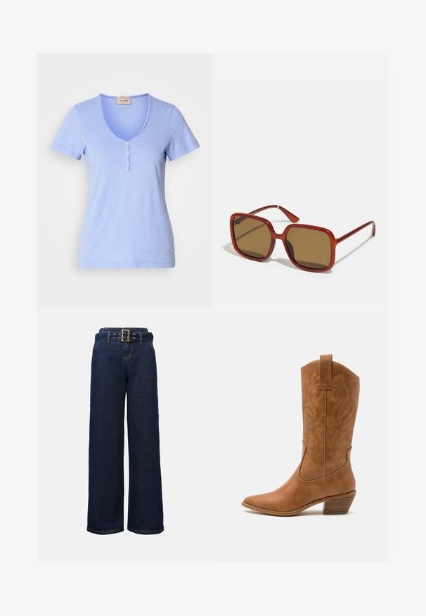 Lyseblå kortærmet T-shirt med v-hals, fem knapper foran og en subtil stofstruktur. Lille logo detalje på kanten.; Mørkeblå, vide denimbukser med stiklommer og et matchende bælte med en stor rektangulær guldspænde.; Tan læder cowboystøvle med spids tå, broderede svirvelmønstre på skaftet og en stablet blokhæl. Har en træksløjfe for nem af/på.; Røde firkantede solbriller med brune tonede linser. Tykk, blank ramme og smalle stænger med små detaljer på siden for visuel interesse.