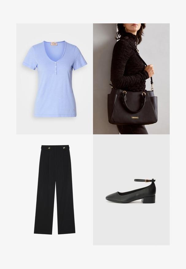 Light blue short-sleeve T-shirt featuring a v-neck with a five-button placket and a subtle fabric texture. Small logo accent on hem.; Black wide-leg trousers with high waist, button details on waistband, and front pleats.; Black leather pump with a pointed toe and a low block heel. Features an ankle strap with a gold-tone buckle. Smooth texture.; Black handbag with textured surface, dual top handles, and adjustable shoulder strap. Features gold-tone hardware and side pockets.