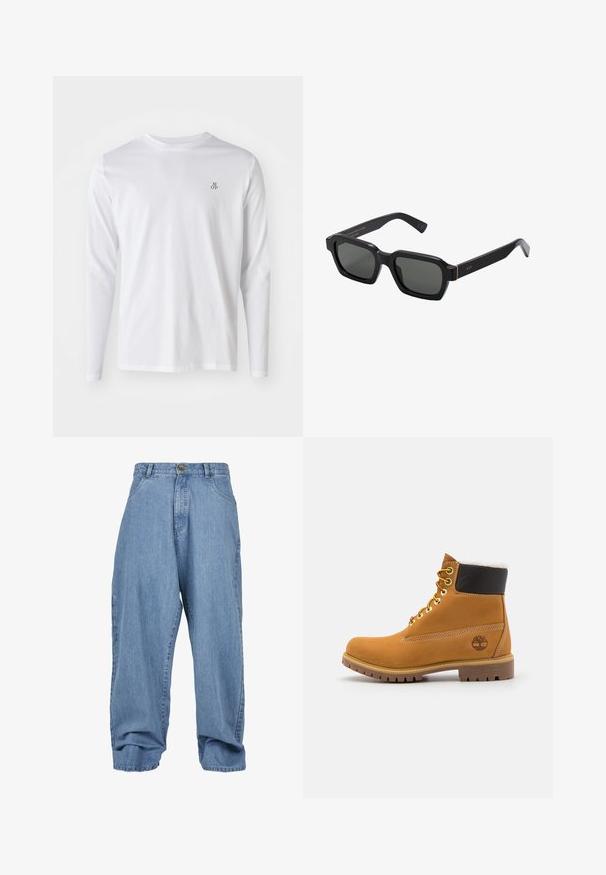 Langærmet hvid bomulds skjorte med rund halsudskæring og et lille "M OP" logo i mørkeblå på venstre bryst. Glat tekstur.; Lysblå denimbukser med løst fit, knaplukning, forlommer og cuffed kant, der har et klassisk fem-lomme design.; Brune læder ankelstøvle med metaløjer, hvid pelsforing, sort polstret krave, robust sål og præget logo på siden.; Sorte, firkantede solbriller med grå linser. Tykt plastisk stel med guld detaljer og branding på stangen. Glat tekstur.