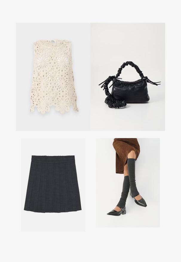 Crochet tank top in cream with floral patterns, featuring an open weave design, scalloped hem, and sleeveless cut.; Dark gray pleated skirt with an elastic waistband, featuring a textured fabric and a classic A-line silhouette. Suitable for casual wear.; Black patent leather pointed-toe shoes with a block heel and ankle strap, paired with gray ribbed leg warmers and a brown suede skirt.; Black faux leather handbag with a crocodile texture, cinched top, and a scrunched strap. Appears soft and compact in design.