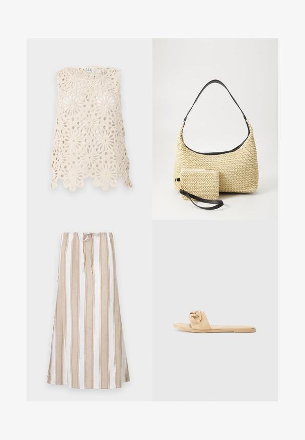 Top de croșetat crem cu modele florale, având un design cu țesătură deschisă, margine ondulată și fără mâneci.; Fustă rayé în alb și bej deschis, cu talie reglabilă și un design lung, fluid. Fabricată dintr-un material ușor, cu o croială lejeră.; Sandale nude cu talpă plată, realizate dintr-un material sintetic neted, având un design cu curea legată și fără elemente sau accente metalice vizibile.; Geantă din paie țesută, cu o siluetă curbată, având o curea din piele neagră netedă și un plic mic asortat, atașat printr-un breloc pentru încheietură.
