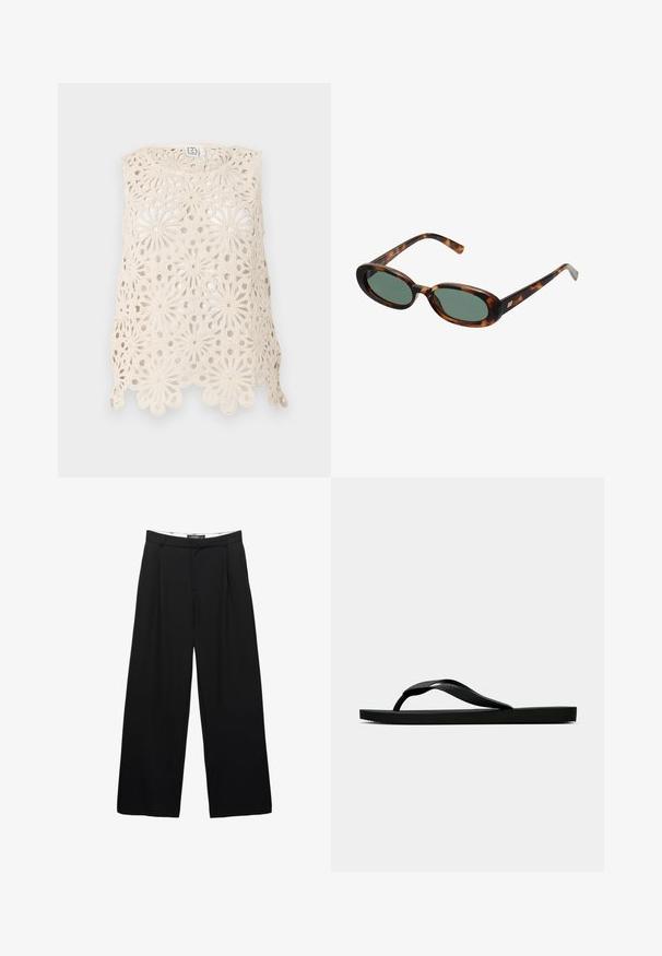 Käsin gehäkelter Tanktop in Creme mit floralen Mustern, einem offenen Gewebe-Design, gewelltem Saum und ärmelloser Schnitt.; Valkoiset leveälahkeiset housut, jotka on valmistettu sileästä kankaasta. Sisältää etupleikkeet, vyötärön, jossa on vyölenkit, ja kauttaleikattu siluetti.; Musta kumisaapas sandaali, jossa on teksturoitu thong-hihna ja yksinkertainen litteä pohja, esitetty sivustolta vaalealla taustalla.; Kilpikonnakuosisuntit, joissa on soikeat kehykset ja vihreät linssit. Ominaisuuksiin kuuluu ohuet varret, joissa on metallinen korostus saranan lähellä.; Mustan kudottu nahkalaukku, jossa on kaareva muotoilu, paksu kahva ja vetoketjusulku. Teksturoitu pinta, jossa on kiiltävä vi viimeistely.; Hopeakauppaketju, jossa on aaltoileva, veistoksellinen muotoilu ja kiiltävä pinta, esittelee epäsäännöllisiä muotoja, korostaen nykyaikaista estetiikkaa.