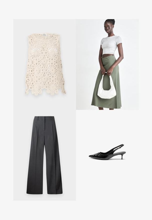Crochet tank top in cream with floral patterns, featuring an open weave design, scalloped hem, and sleeveless cut.; Wide-leg trousers in dark gray fabric, featuring a high waist, single pleats, and a smooth texture with a clean finish at the hems.; Black leather slingback heels with a pointed toe, small kitten heel, and a decorative knot detail on the front. Smooth texture throughout.; Gray ribbed crop top and olive green high-waisted skirt. Model holds a white shoulder bag with cut-out detailing. Simple design, fitted silhouette.