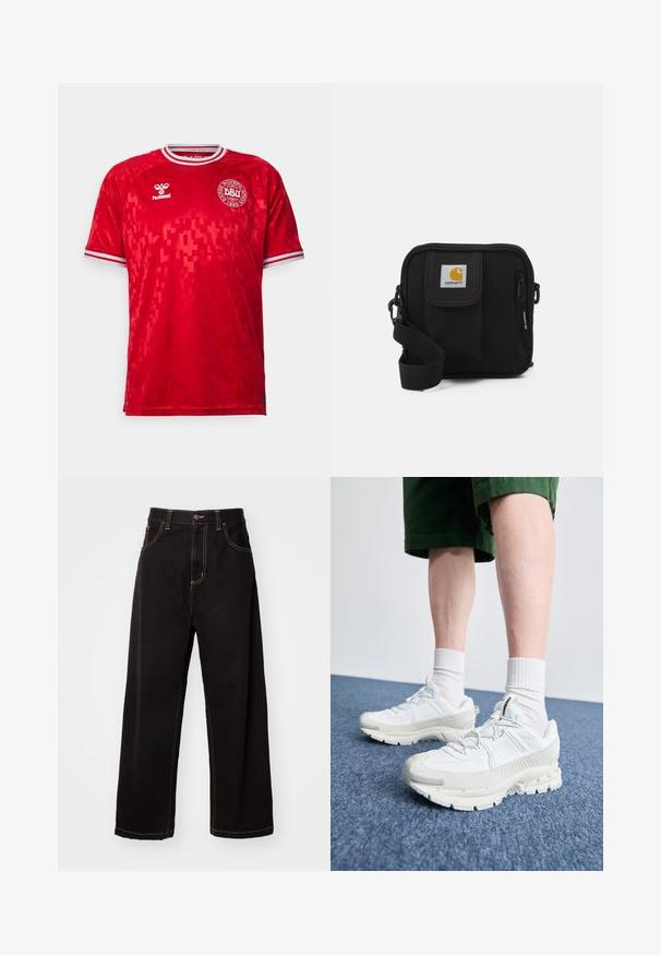 Hummel DENMARK DBU czerwony; Czarne dżinsowe spodnie z szerokimi nogawkami, z kontrastowym przeszyciem, pięcioma kieszeniami oraz z przodem z zapięciem na guzik. Gładka tekstura i mocny materiał.; Białe buty sportowe z teksturowanymi nakładkami, masywną podeszwą i szarymi akcentami. Nosi się je z białymi skarpetami do kostek i zielonymi szortami na niebieskiej powierzchni.; Czarna torba na ramię z zamykaną na zamek główną komorą, przednią kieszenią, regulowanym paskiem oraz widoczną łatką z logo na klapie.