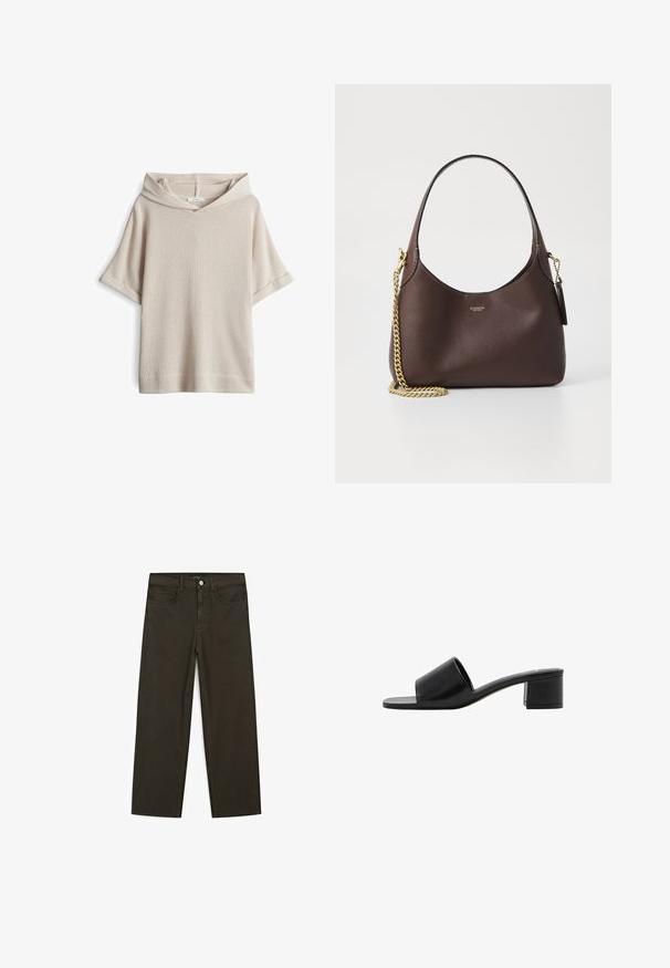 Felpa corta beige con maniche a sbuffo realizzata in tessuto testurizzato. Presenta un ampio scollo e una vestibilità rilassata con maniche arrotolate. Design semplice, senza motivi.; Jeans a gamba larga di colore verde scuro, realizzati in tessuto misto cotone, dotati di chiusura con bottone frontale, cinque tasche e cuciture classiche in denim.; Sandal in pelle nera open-toe con una fascia ampia e un tacco a blocco solido. Caratterizzato da una texture liscia e un design minimale.; COACH BROOKLYN SHOULDER BAG 23 - Borsa a mano - maple