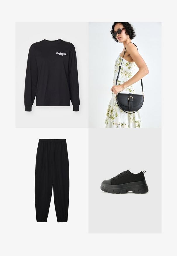 Juodas ilgomis rankovėmis T-palaidinė, pagaminta iš medvilnės. Savybės: apykaklė ir paprastas baltas "Carhartt WIP" logotipas kairėje krūtinės pusėje. Įprastas fasonas.; Juodi, lengvi kelnių su elastinga juosmens juosta ir surinktais kulkšniais. Audinys yra lygus ir turi atsipalaidavusį, siaurėjantį dizainą.; Juodos sportinės bateliai su stambiu guminiais padu, tekstūrizuotu audinio viršumi, apvaliu pirštu ir raištelių uždarymu. Yra sutvirtinti akių angos ir nugaros kilputė.; Juodas odinis krepšys su išlenkta forma, nuimamu dirželiu ir auksiniais detalėmis. Krepšys turi kilpą su sagtimi.