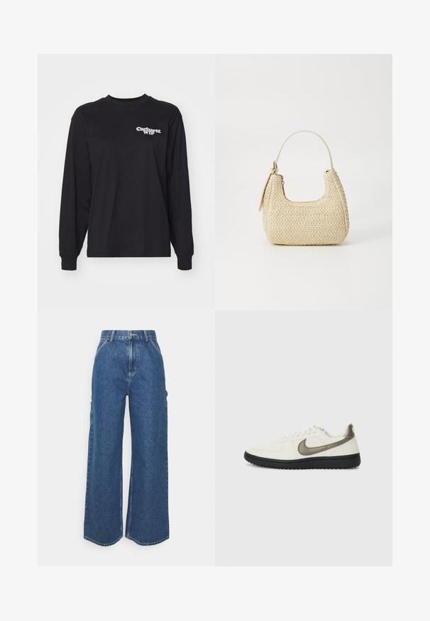 Tricou negru cu mânecă lungă, confecționat din bumbac. Dispune de un decolteu și un logo simplu alb "Carhartt WIP" pe pieptul stâng. Croi regular.; Pantaloni din denim albastru cu talie înaltă și picioare largi, cu o cusătură contrastantă și buzunare laterale, având un design clasic cu cinci buzunare și margini brut.; Nike Sportswear FIELD GENERAL - Sneakers low - off-white/black; Geantă din paie împletit în nuanțe bej, cu o formă curbată, un mâner scurt și un fermoar pe lateral. Prezintă o suprafață texturată și un design minimalist.
