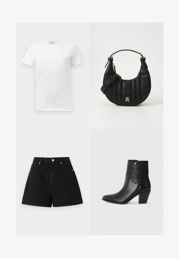 Baltas kokvilnas T-krekls ar apaļu izgriezumu. Priekšpusē ir smalks reljefa grafiskais dizains. Īsas piedurknes un taisna apmale.; Melna džinsu šorti ar augstu jostasvietu, piecām kabatām, sudraba piederumiem un standarta piegriezumu, kurus raksturo gluda tekstūra un kvalitatīva apdare.; Melnas ādas potīšu zābaki ar smailu purngalu, elastīgām sānu paneļiem un kvadrātveida papēdi. Iezīme neliela zelta logo akcenta.; Melnas ādas rokassoma ar izliekumu formu, kā arī izšūtu tekstūru un zelta aksesuāriem. Iespējas iekļauj noņemamu plecu siksnu un logo detalizāciju.