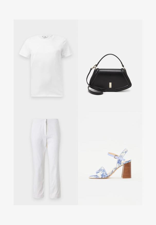 White cotton t-shirt with a crew neckline. Features a subtle embossed graphic design on the front. Short sleeves and straight hem.; White cotton pants with a straight leg design, featuring a mid-rise waist and no visible hardware or patterns. Smooth texture throughout.; Blue floral-printed sandal with a square toe, a wide strap, and an adjustable ankle strap, featuring a textured wooden block heel.; Black leather handbag with a structured design, featuring a cropped shape, top handle, and gold hardware accent. Adjustable shoulder strap included.
