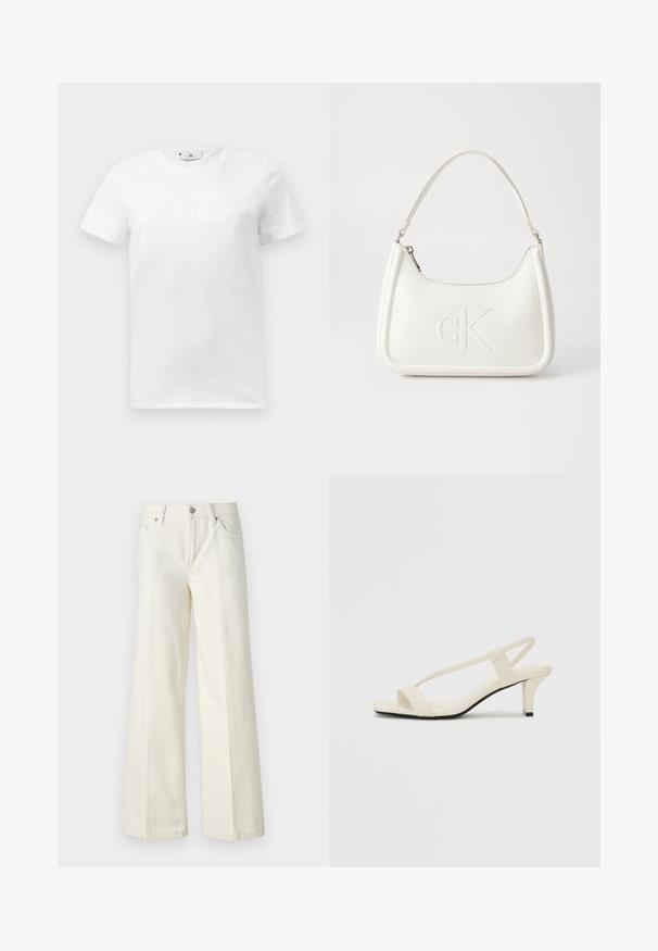 White cotton t-shirt with a crew neckline. Features a subtle embossed graphic design on the front. Short sleeves and straight hem.; Wide-leg white jeans made from cotton blend fabric. Features a zipper fly, five-pocket design, and stitching along the seams.; Beige block-heeled sandals with thin straps and a square toe. Smooth material with minimal detailing, designed for easy wear.; White leather handbag with a curved shape, featuring an embossed "CK" logo on the front and a single shoulder strap. Zipper closure at top.