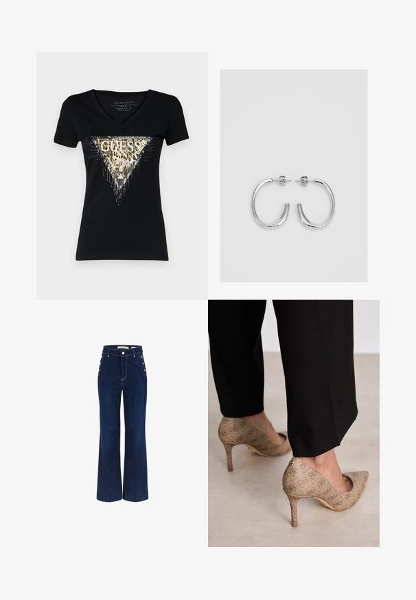 Črna bombažna majica s kratkimi rokavi in V-izrezom. Poudarjena z metalko zlate barve v obliki trikotnika, okrašena z leopardjim vzorcem in kamenčki.; Temno modri široki kavbojke z visokim pasom, ki imajo gumbne detajle na straneh in gladko denim teksturo.; Bež čevlji na visokem petem z teksturirano tkanino, ki ima ponavljajoč vzorec. Oblika z ostrim nosom z zadaj poudarjenim delom in zlatim podplatom.; Srebrne obročaste uhane z gladko, sijočo površino. Zaobljena oblika, lahka zasnova, z zapiranjem na zatič.