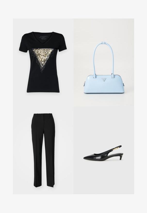 Svart kortermet t-skjorte av bomull med V-hals. Har et metallisk gulltriangel-design med leopardmønster og rhinstein-detaljer.; Sorte skreddersydde bukser med rett silhuett, med en glatt tekstur og klare pressede bretter foran. Ingen synlig maskinvare.; Sorte lærreim hæler med spiss tå, som har en slank hæl og en gullfarget detalj på den justerbare stroppen. Glatt tekstur.; Lyseblå veske med strukturert form, glatt skinnmateriale, to håndtak og en trekantet merkevarelogo på fronten. Glidelås-lukking.