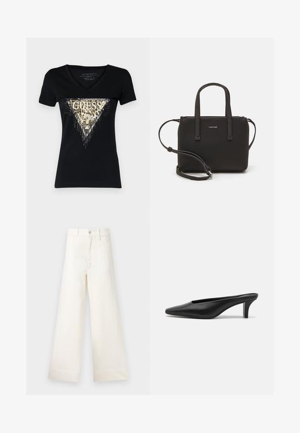 Mustmust värvi lühikeste varrukatega T-särk V-kaelusega. Omab metallik kuldset kolmnurkse kujundust leopardi prindiga ja rhinestone aktsentidega.; Laiad püksid heleses puuvillas. Omavad kõrget vööd, ees on taskud ja sirge lõige. Puhtad ääred ilma mustriteta.; Mustadast mustad nahast teravatipulised mules madala stilletokontsaga. Sile tekstuur, minimalistlik disain ja avatud selg mugavaks selga panemiseks.; Musthave mustrans vöö ja eemaldatav õlarihm. Gludike nahk siledaga, millel on tõmblukk ja logo detail.