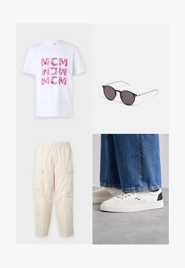 White cotton t-shirt featuring vibrant pink coral and starfish designs arranged in a grid pattern on the front.; Beige cargo pants with an elastic waistband, featuring two side pockets and a soft, lightweight fabric. Wrinkled texture.; White and black sneakers with a smooth leather upper, textured accents, and a chunky white sole. Features a classic lace-up design.; Black round sunglasses with dark lenses and slim metal arms. Includes clear temple tips and silver accents at the hinge. Minimalist design.