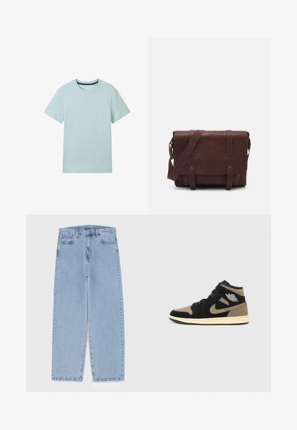 Lyseblå kortærmet t-shirt lavet af blødt stof. Har en rund hals, enkel design og ingen synlige mønstre eller detaljer.; Lyseblå denimjeans med straight leg-design, der har en mid-rise talje, fem lommer og en lukning med knap og lynlås.; Høje sneakers med sort og tan ruskind, perforeret tå, beige mellemsål, sorte snørebånd og en sølvlogo på siden.; Brun læder buddeltaske med en flad frontklap, to remme, guld hardware detaljer og en justerbar skulderrem.