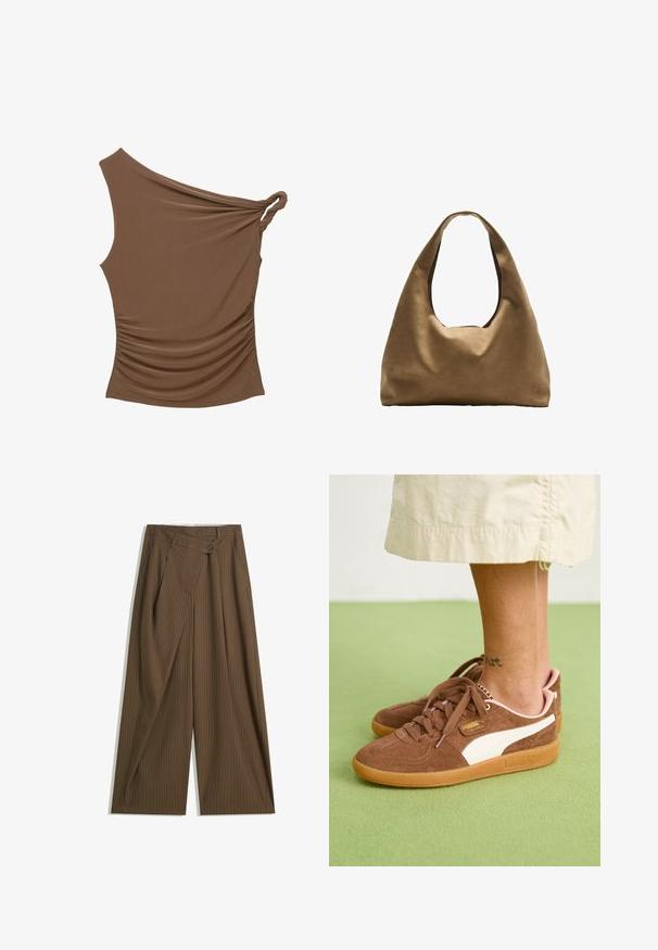 Brown one-shoulder top with a twisted knot detail and gathered texture on the side, made from a soft, stretchy material.; Brown wide-leg trousers with thin white pinstripes, high waist, front button closure, and wrap-style overlay panel.; Brown suede sneakers with white accent, rubber sole, and pink heel. Laces and branding detail visible. Ankle tattoo partially seen.; Brown fabric shoulder bag with a wide, rounded body and a large cutout handle. Soft texture, minimalistic design, and no visible hardware.