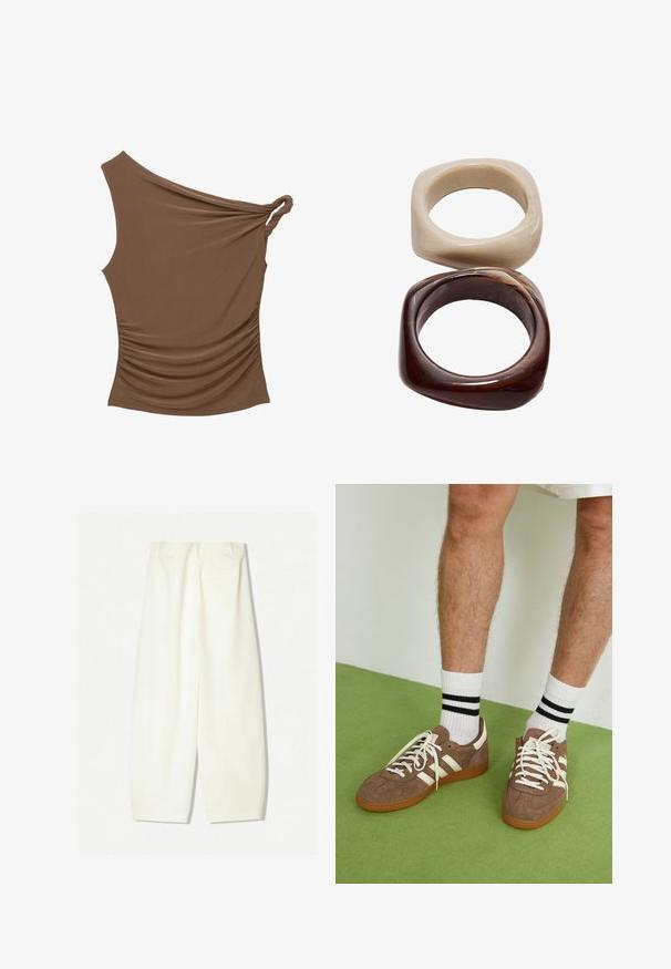 Brun én-skulder top med en snoet knude detalje og samlede tekstur på siden, lavet af et blødt, strækbart materiale.; Bredde bukser i et blødt cremfabric, med en glat tekstur, forreste lommer og en afslappet pasform med en mid-rise talje.; Brune ruskind sneakers med hvide detaljer og snørebånd. Gummisål i naturgummi. Båret med hvide sokker med sorte striber. Grøn struktureret gulv.; Stradivarius SET - Armbånd - dark brown