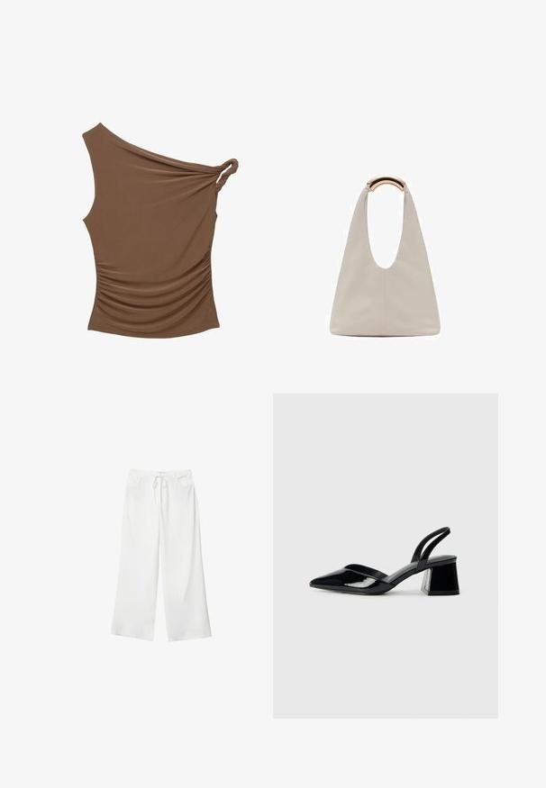 Bruine top met één schouder, voorzien van een gedraaide knoopdetail en een geplooid textuur aan de zijkant, gemaakt van een zachte, rekbare stof.; Witte wijde broek van zacht materiaal, met een koordsluiting in de taille en twee steekzakken. Soepele textuur en geen zichtbare patronen.; Zwarte gepatineerde leren slingback hakken met een spitse neus en een geometrische blokhak. Kenmerkt zich door een slank, minimalistisch ontwerp en een gladde textuur.; Lichtgrijze leren tas met een U-vormig ontwerp en een gebogen metalen handvat. Glad oppervlak met minimale stiksels en geen zichtbare patronen.