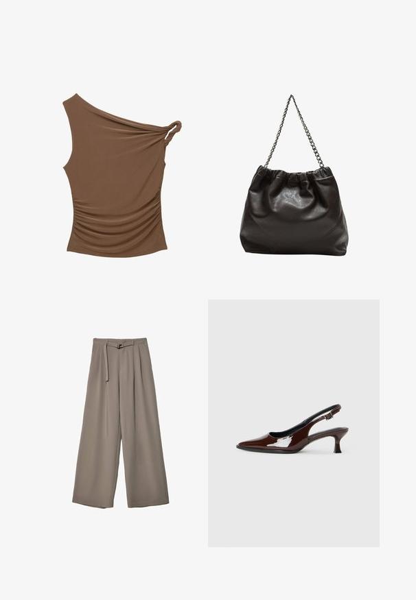 Ruskean yhden olkapään toppi, jossa on kierrettävä solmu yksityiskohtana ja kokoonkutistettu pinta sivussa, valmistettu pehmeästä ja joustavasta materiaalista.; Suurille lahkeille housuille pehmeässä, hillityssä harmaassa kankaassa, jossa on vyötäröllä vyö ja lisää muotoilun yksityiskohtia kuploissa. Sileä rakenne, ei kuvioita.; Ruske patentin nahkalijatke sa špicastim nosom i umjerenom petom. Sadrže remen s kopčom za sigurno pristajanje. Glatka tekstura.; Ruskea nahkainen laukku, jossa on kerätty yläosa ja ketjuhihna. Tasainen pinta, jossa kiiltävä viimeistely ja hienovaraiset sauman yksityiskohdat sivuilla.