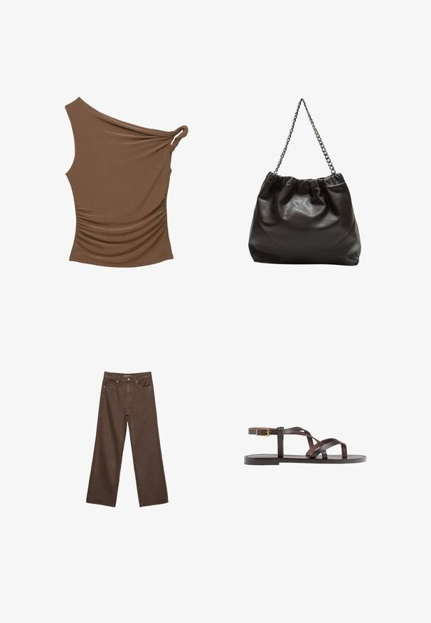 Hnedý top na jedno plece s prekrúteným uzlom a zhrnutou textúrou na strane, vyrobený z jemného a elastického materiálu.; Džínsy s širokými nohavicami v hnedej farbe, vyrobené z denimu, so zvýšeným pásom, prednými vreckami a klasickým zapínaním na gombík. Hladká textúra s jemným prešívaním.; Hnedé kožené sandály s krížovými popruhmi, uzatváraním na pracku okolo členku a plochou podrážkou s minimálnymi ševmi.; Hnedá kožená taška so zberaným vrchom a reťazovým popruhom. Hladký povrch s lesklým finišom a jemným švom po stranách.
