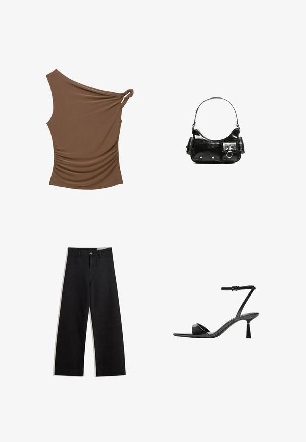 Brun én-skulder top med en snoet knude detalje og samlede tekstur på siden, lavet af et blødt, strækbart materiale.; Sorte wide-leg denim bukser med høj talje, der har front- og baglommer, syede sømme og en knaplukning. Glat tekstur.; Bershka Højhælede sandaletter / Højhælede sandaler - black; Sort patenteret læder håndtaske med en buet form, en skulderrem, frontlommer og hardware accenter i sølvfarve.