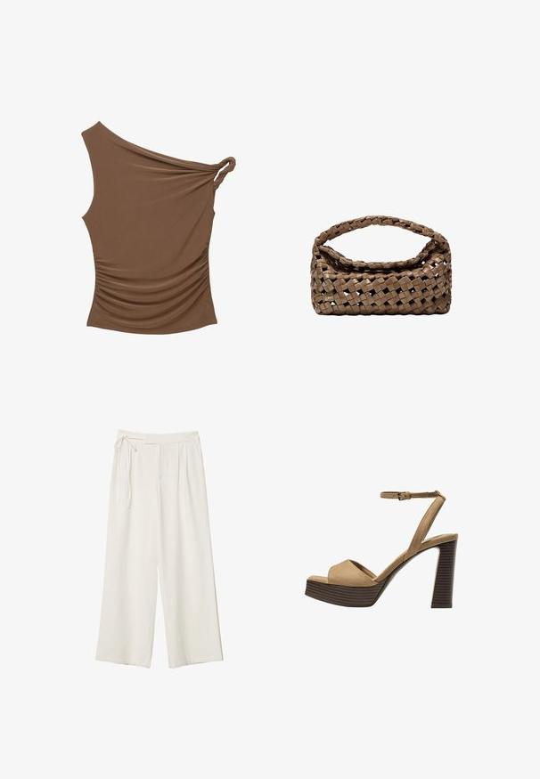 Hnědý top na jedno rameno s twist uzlem a na boku s nařasenou texturou, vyrobený z měkkého a elastického materiálu.; Kalhoty širokého střihu v off-white látce s hladkým povrchem. Mají zavázaný pas a na přední straně jsou plisé, navrženy pro pohodlné nošení.; Bežové semišové sandály na vysokém podpatku s širokým předním páskem a páskem kolem kotníku, s masivním dřevěným blokovým podpatkem s texturovaným povrchem.; Tkaná hnědá kabelka s obdélníkovým tvarem, pevnou rukojetí a texturovaným povrchem. Disponuje uzavřeným vrchem a složitým vzorem tkaní.