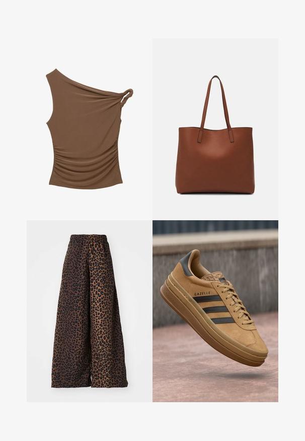 Hnedý top na jedno plece s prekrúteným uzlom a zhrnutou textúrou na strane, vyrobený z jemného a elastického materiálu.; Pánske nohavice so širokými nohavicami vyrobené z hladkej tkaniny, s hnedým pozadím a čiernym vzorom leopardieho potlače, majú elastický pás.; Svetlé semišové tenisky s hladkým povrchom, obsahujúce tri tmavé pruhy, zaoblenú špičku a hrubšiu podrážku so vzorovaným okrajom.; Hnedá kožená taška na rameno s hladkou textúrou, otvoreným vrchom a dvoma ramenými popruhmi. Má minimálne šitia a žiadne viditeľné kovania.