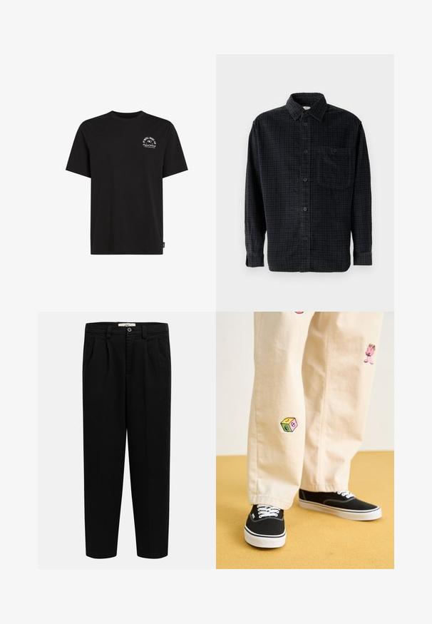Czarna bawełniana koszulka z okrągłym dekoltem, krótkimi rękawami i małym białym nadrukowanym logo na lewej piersi, o luźnym kroju.; Czarna, w kratę, długo rękawowa koszula z miękkiego materiału, z przodem na guziki, kołnierzykiem i kieszonką na piersi.; Czarne spodnie z wysokim stanem o prostych nogawkach, z szlufkami na pasek, przednimi plisami, bocznymi kieszeniami oraz zapięciem na guzik w pasie.; Beżowe bawełniane spodnie z zabawnymi haftowanymi wzorami, w tym różową postacią i kolorowym blokiem, w połączeniu z czarnymi sznurowanymi sneakersami.