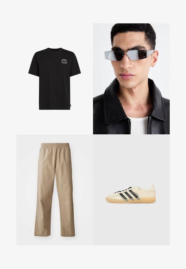 Schwarzes Baumwoll-T-Shirt mit Rundhalsausschnitt, kurzen Ärmeln und einem kleinen weißen Logo auf der linken Brust, mit einem entspannten Schnitt.; Beige, leichte Hose mit elastischem Bund und geraden Beinen. Verfügt über Seitentaschen und dezente Nähte. Glatte Textur, lässiges Design.; Helle Creme Sneaker mit schwarzem Drei-Streifen-Design, strukturiertem Obermaterial, runder Zehenpartie und Gummisohle. Verfügt über Schnürsenkel und Branding an der Seite.; Eckige, grau getönte Sonnenbrillen mit silberner Hardware, vor einem hellen Hintergrund. Die Gläser weisen eine einzigartige geometrische Form auf.