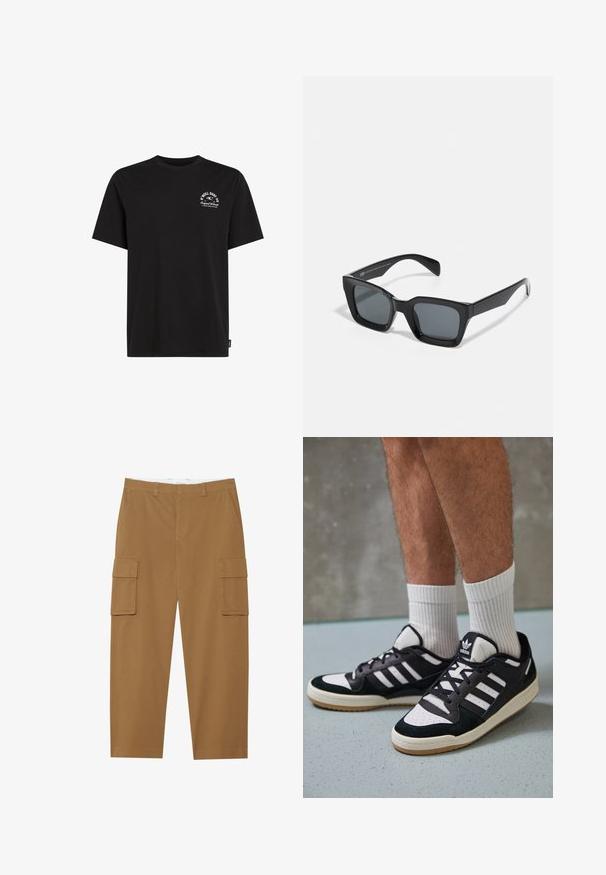 Czarna bawełniana koszulka z okrągłym dekoltem, krótkimi rękawami i małym białym nadrukowanym logo na lewej piersi, o luźnym kroju.; Brązowe spodnie cargo z dwoma bocznymi kieszeniami, gładkim przodem i prostą nogawką. Wykonane z trwałego materiału o gładkiej fakturze.; Czarno-białe sneakersy z zamszową i skórzaną cholewką, z trzema białymi paskami, perforowanym czubkiem i gumową podeszwą w kolorze gumy.; Czarne prostokątne okulary przeciwsłoneczne z ciemnymi soczewkami. Plastikowa oprawka o błyszczącym wykończeniu, z szerokim mostkiem i lekko zwężającymi się ramionami.