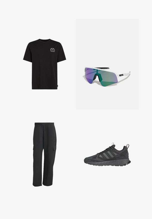 Czarna bawełniana koszulka z okrągłym dekoltem, krótkimi rękawami i małym białym nadrukowanym logo na lewej piersi, o luźnym kroju.; Czarne spodnie cargo z elastycznym pasem, posiadające boczne kieszenie, luźny krój i teksturowany materiał. Zaprojektowane z myślą o komforcie i funkcjonalności.; Czarne buty sportowe z meshową i zamszową cholewką, teksturowaną gumową podeszwą, wyściółką na kołnierzu i charakterystycznym trójpaskowym wzorem w kolorze szarym.; Okulary sportowe z białą oprawką i dużymi gradientowymi soczewkami w kolorach fioletowym i zielonym; ostro kanciasty design z centralnym mostkiem nosowym.