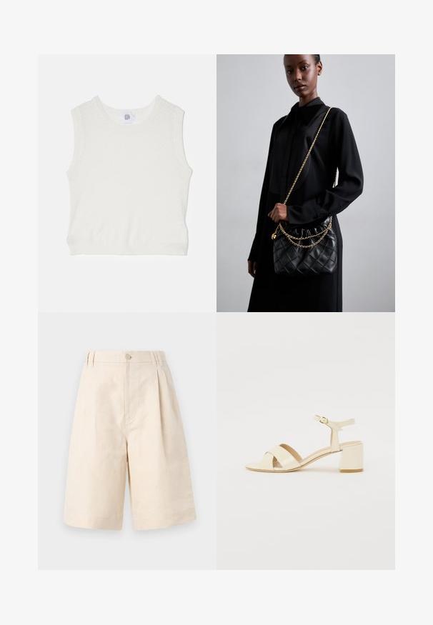 Balts bez piedurknēm topiņš ar tekstūru adījuma rakstu, apaļu kakla izgriezumu un ribotu apakšmalu. Tam ir maza zīmola etiķete aizmugurē vidū.; Beige linu džinsi ar brīvu piegriezumu, ar pogu aizdari, krokām un līdz ceļiem garumu. Gluda tekstūra un vienkāršs stils.; Bežīgi patentēti ādas sandalītes ar krustenisku siksnu dizainu, atvērtu pirkstu, regulējamu potītes siksnu un bloku papēdi. Gluda tekstūra.; Melna kvadrātveida ādas rokassomiņa ar salocītu augšu, zelta ķēdes siksnu un taisnstūra formu, turēta pret vienkāršu fona.