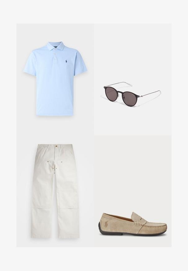 Light blue polo shirt made of textured fabric, featuring a button placket and a small embroidered logo on the left chest. Short sleeves.; White cotton pants with a relaxed fit, featuring front pockets, gold hardware accents, and knee patch detailing.; Beige suede loafers with a stitched detail, flat rubber sole, and a small logo on the side. Classic slip-on design, soft texture.; Black round sunglasses with dark lenses and slim metal arms. Includes clear temple tips and silver accents at the hinge. Minimalist design.